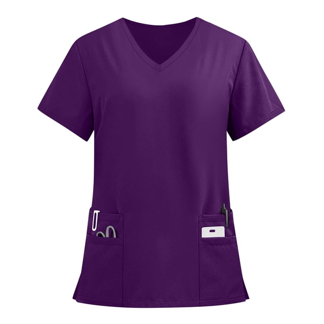 Drmagiyhm Womens Scrubs V Neck Solid Color Cozy Fit Plus Size Scrub Tops Short Sleeve Stretch Working Uniform Medical Nursing Scrubs with Pockets Dark Purple 4XL