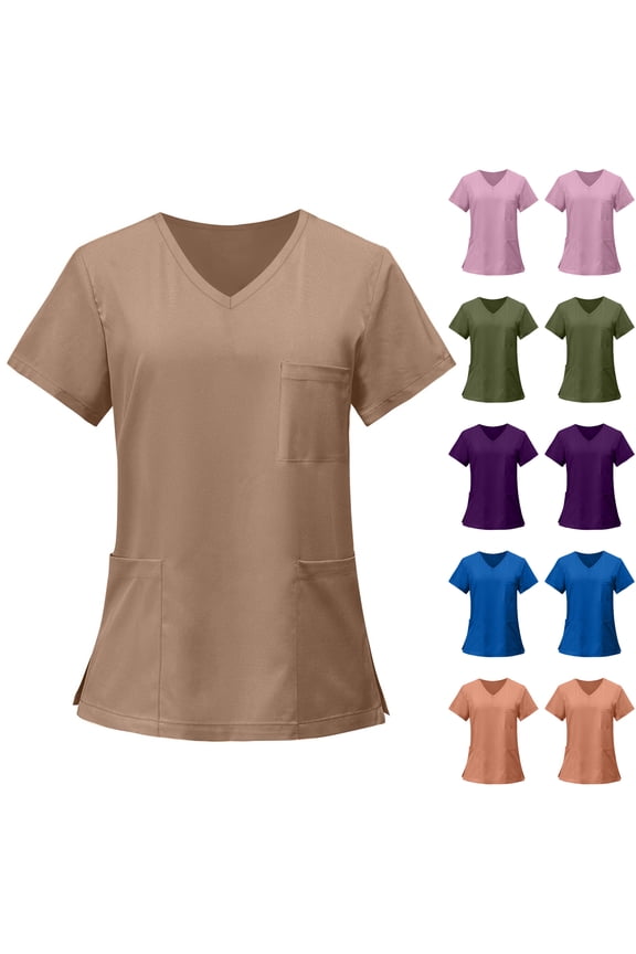 Womens Scrubs V Neck Solid Color Plus Size Scrub Tops Short Sleeve Stretchy Nurse Uniforms Medical Patriotic Tops with Pockets Dark Purple 3XL
