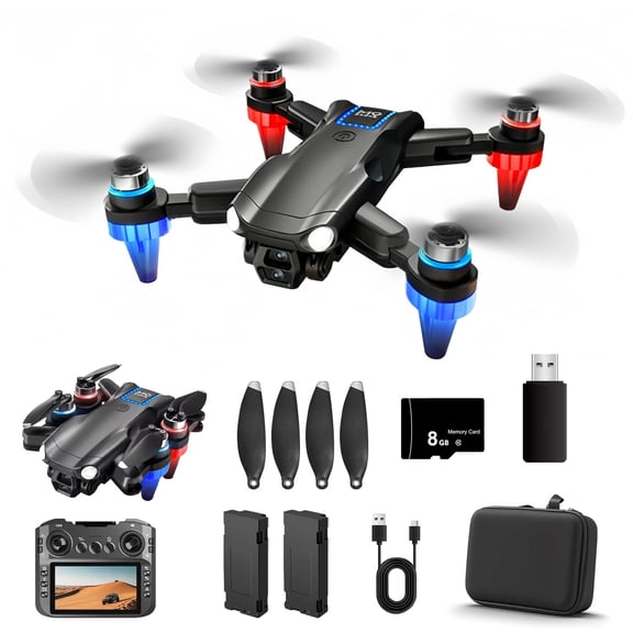 Drone with 1080P Camera Screen Remote Control, RGB LED Light FPV Drone Quadcopter for Adults Beginners, Headless Mode Altitude Hold Optical Flow, Include 8GB Card & 2 Batteries