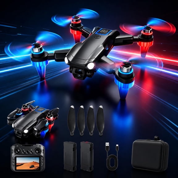 Drone with 1080P Camera Screen Remote Control, RGB LED Light FPV Drone Quadcopter for Adults Beginners, Headless Mode Altitude Hold Optical Flow, 2 Batteries