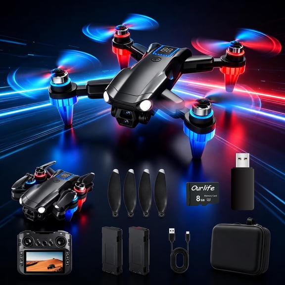 Drone with 1080P Camera Screen Remote Control, RGB LED Light FPV Drone Quadcopter for Adults Beginners, Headless Mode Altitude Hold Optical Flow, 2 Batteries