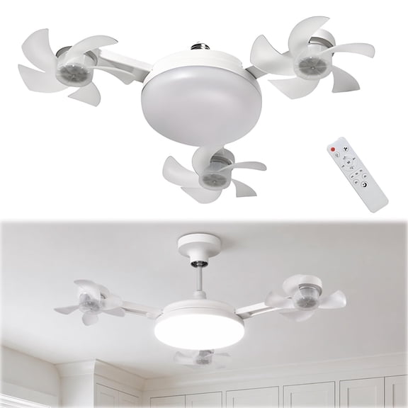 Drone Ceiling Fan with Light and Remote, E27 Screw in Socket Fan Light Bulb 2-in-1, Foldable Dimmable LED Lamp 3 Wind Speeds Quiet Operation for Bedroom Kitchen Garage
