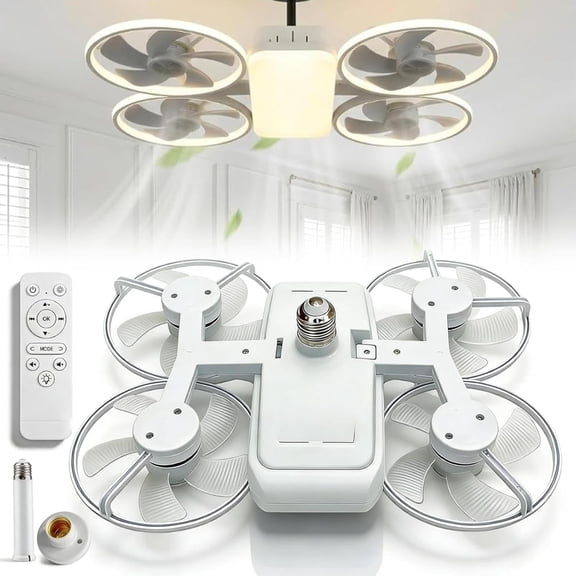 Drone-Inspired LED Ceiling Fan Light, Drone Style Light Fan with Foldable Blades - Screw in Ceiling Fan in Light Socket, Drone Fan Light Silent Ceilings for Dining Bedroom Living Room (White)