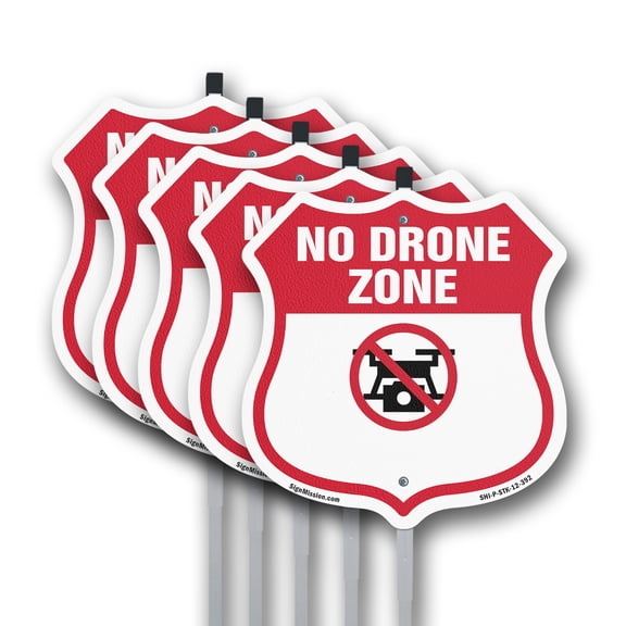 No Drone Shield Sign No Drone Zone From Federal State And Local Aviation Authorities (5 Pack) 12 inch X 12 inch Shield Shaped Commercial Grade Plastic Signs with Aluminum Mounting