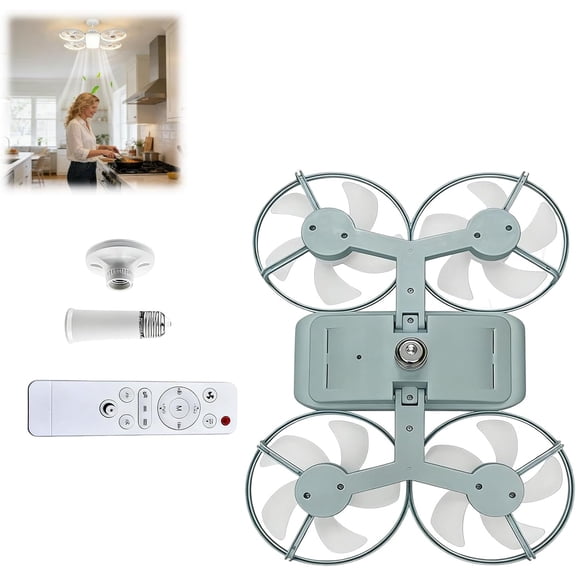 Drone-Style LED Ceiling Fan Light, E27 Socket Fan Lamp with Extension Rod & Remote, 3 Color Modes for Bedroom, Living Room & Home