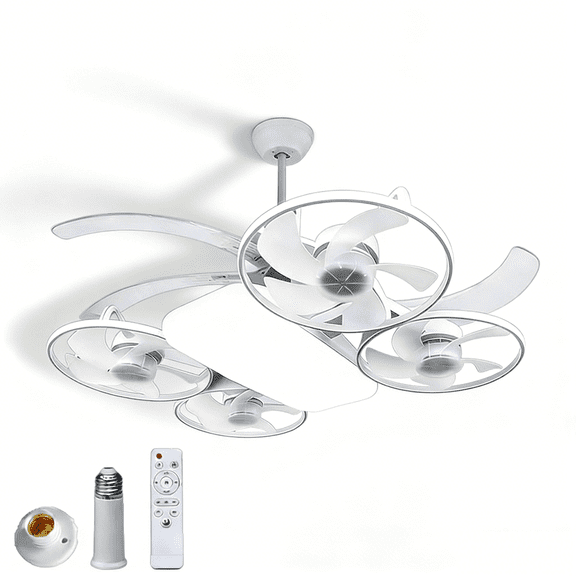 Drone-Style LED Ceiling Fan Light Socket, E27 Screw in Ceiling Fan with Remote Control, Foldable Blades 3 Speed Dimmable 3 Color Lighting for Bedroom Kitchen Living Room(RL White 1 PC)
