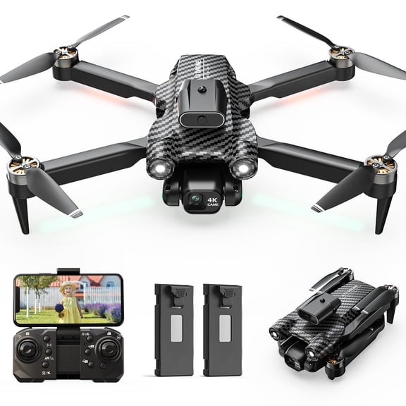 Drone with Camera, Lightweight, Wefone A13 Foldable, Obstacle Avoidance, Optical Flow Positioning, Brushless Motor, 2 Batteries, Black / Carbon Fiber
