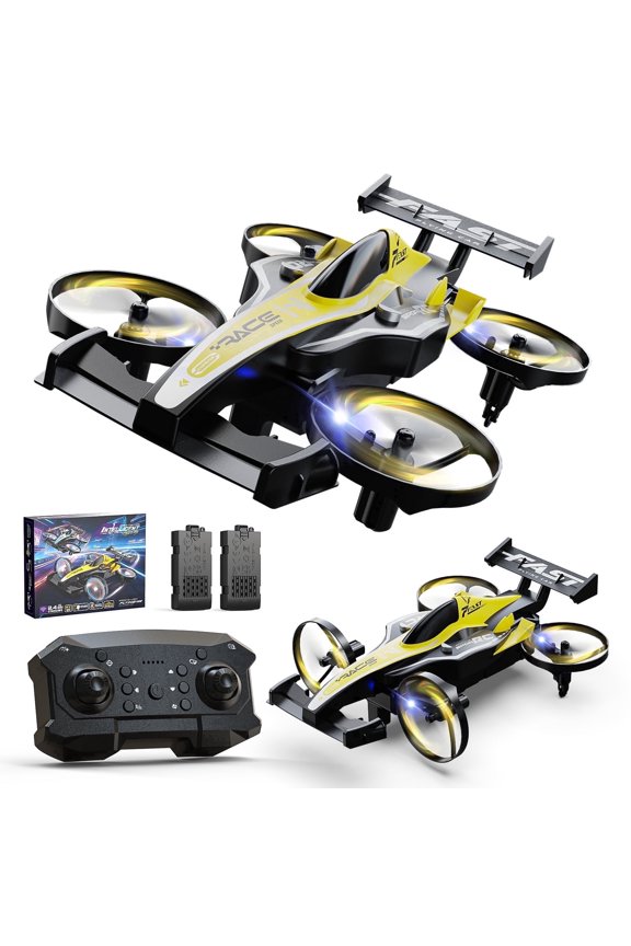 Drones for Kids, Wefone ZF24 2-in-1 Air and Land RC Vehicle, Remote Control Car, 3-Speed, 360°Flip, Headless Mode, Circle Fly, 2 Batteries, Yellow