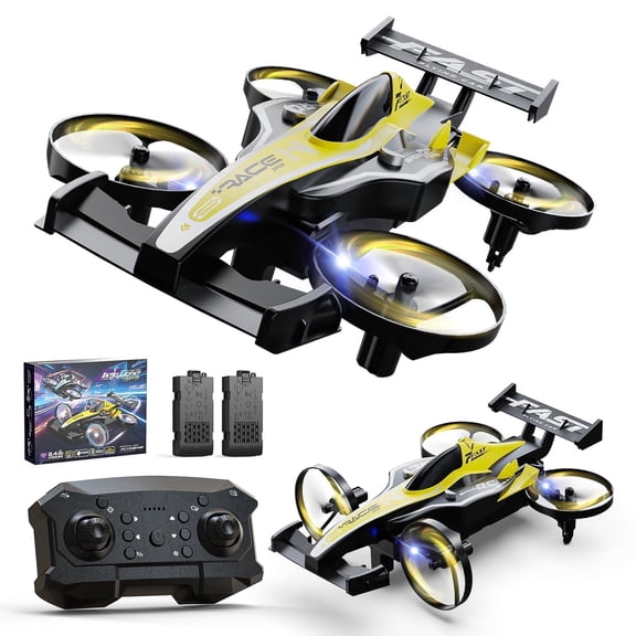 Drones for Kids, Wefone ZF24 2-in-1 Air and Land RC Vehicle, Remote Control Car, 3-Speed, 360°Flip, Headless Mode, Circle Fly, 2 Batteries, Yellow