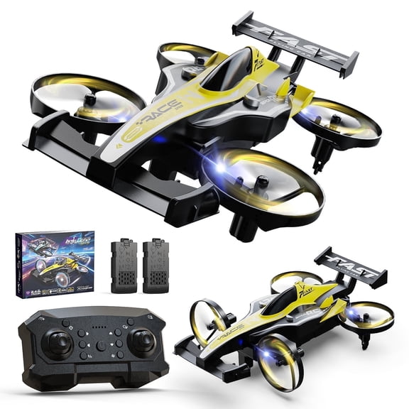 Drones for Kids, Wefone ZF24 2-in-1 Air and Land RC Vehicle, Remote Control Car, 3-Speed, 360°Flip, Headless Mode, Circle Fly, 2 Batteries, Yellow