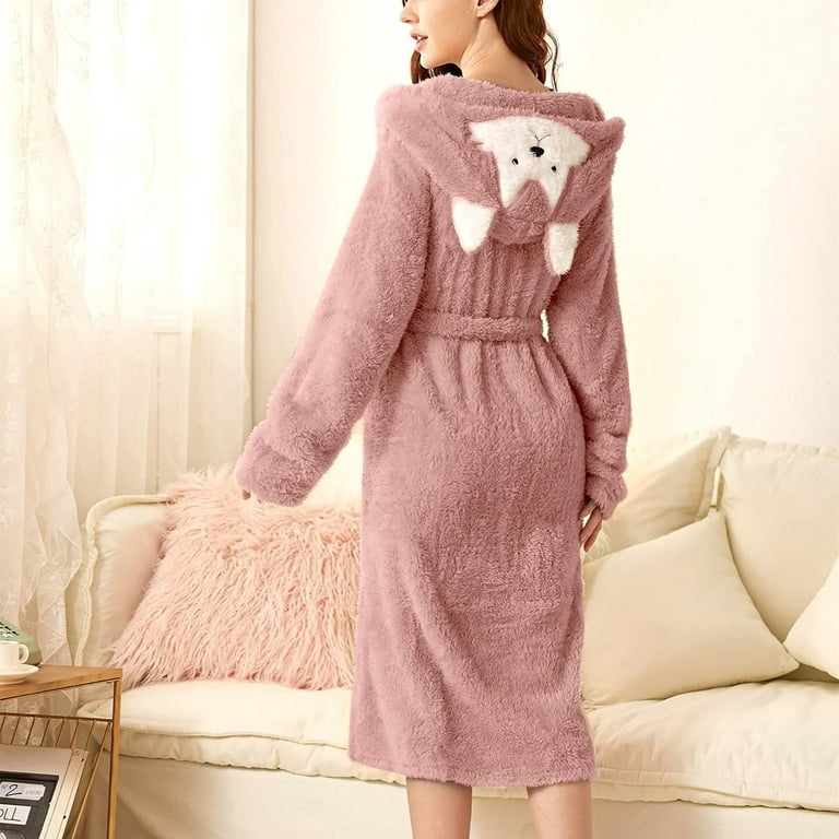 DroolingDog Robes for Women Bathrobe Hooded Comfy Warm Flannel Autumn and  Winter Belt Cute Cat Robe