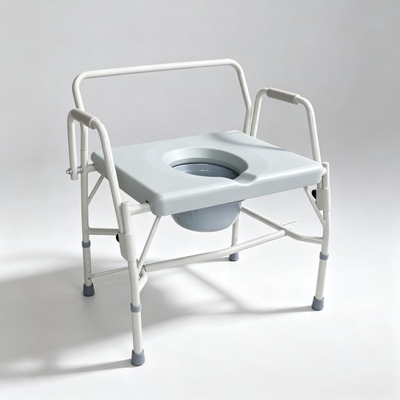 Drop Arm Portable Toilet Commode, Extra-Wide Seat, 500 Pound Weight Capacity, Bucket with Lid Included, Adjustable Legs, Elderly Assistance Products, Grey