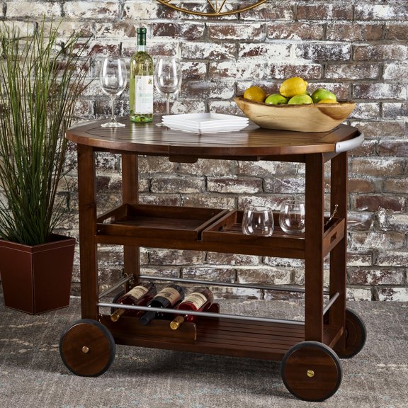 Drop Bar Cart With Locking Pins And Removable Trays Wood Wine Rack Coating