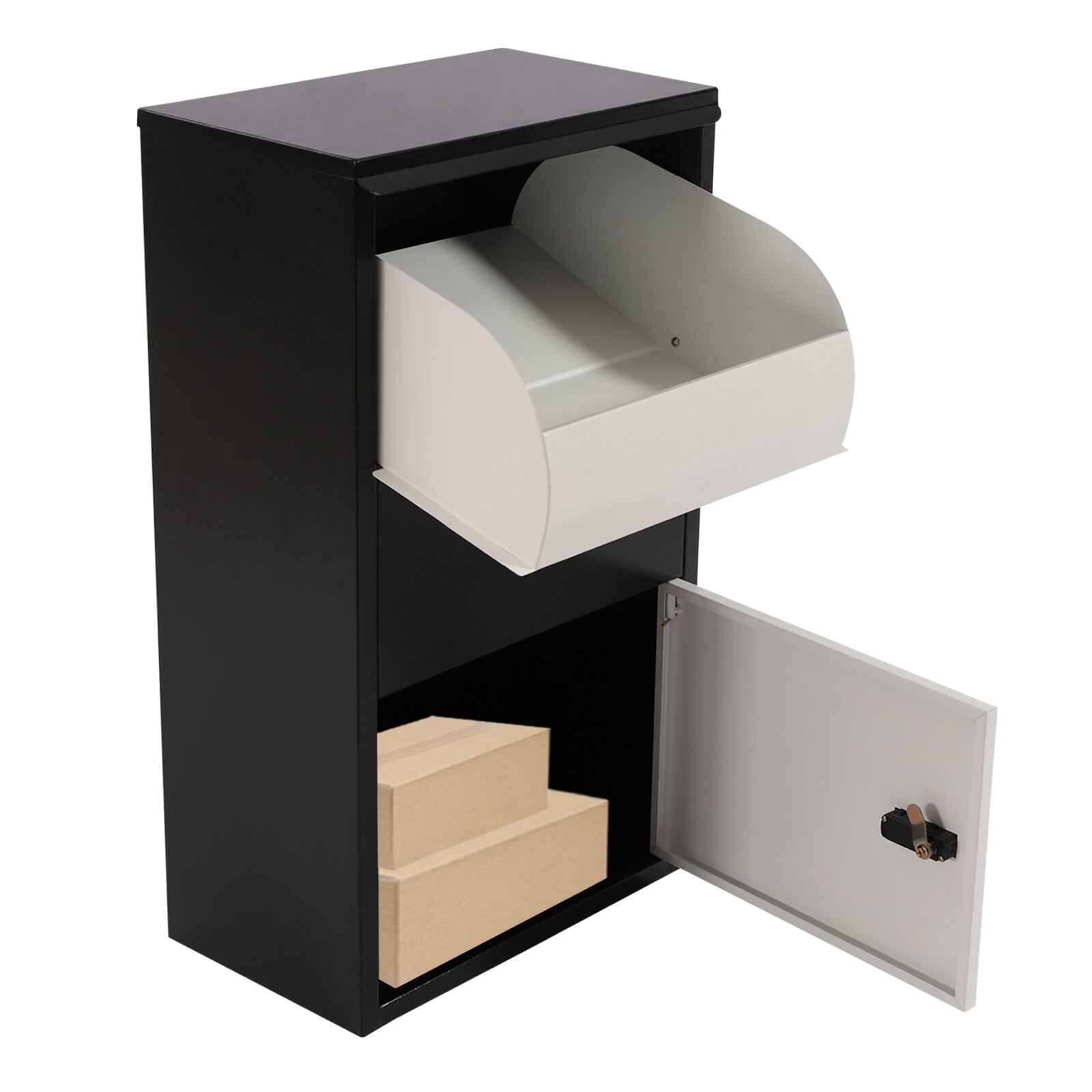 Drop Box, Package Drop Box, Mailbox, 25in Tall Parcel Delivery Box, Solid 0.8mm Galvanized Steel, White & Black, Weatherproof, Secure Lock, Large Capacity, Anti-Rust, Durable