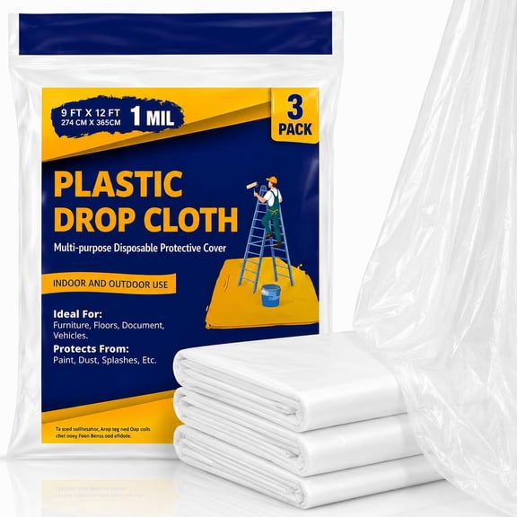 Drop Cloth Painters Plastic Sheeting, Plastic Drop Cloths for Painting, 9 x 12 Feet Paint Drop Cloth Tarp, Clear Plastic Tarp Cover, 1 Mil Thick Plastic Sheeting, Ideal for Multi-Purpose Use (3 Pack)