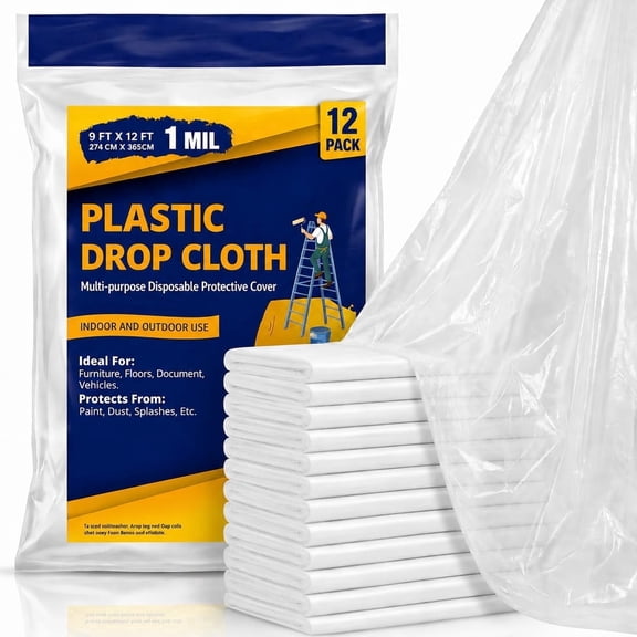 Drop Cloth Painters Plastic Sheeting, 9 x 12 ft Clear Cover, 1 Mil Thick, Multi-Purpose Protection, 12 Pack