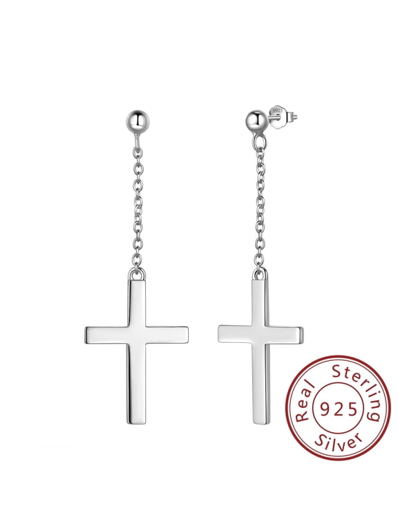 Long Drop Cross Earrings 925 Sterling Silver Hanging Dangle Earrings Women Men Christian Jewelry Easter Gifts