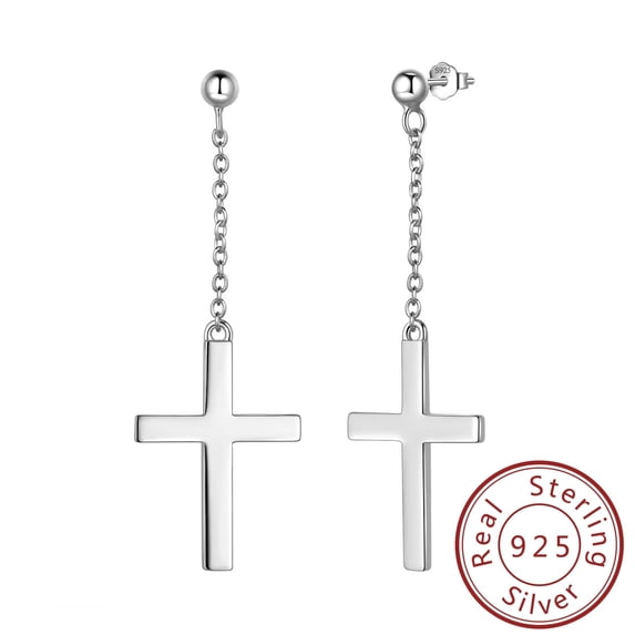 Long Drop Cross Earrings 925 Sterling Silver Hanging Dangle Earrings Women Men Christian Jewelry Easter Gifts