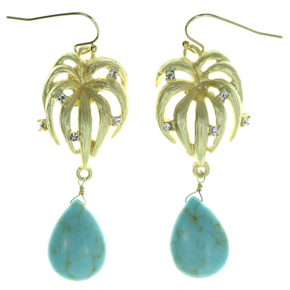 Drop Dangle Earrings With Blue Bead Accents Gold-Tone