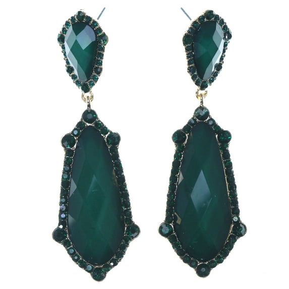 Drop Dangle Earrings With Green Faceted Crystal Accents Gold-Tone