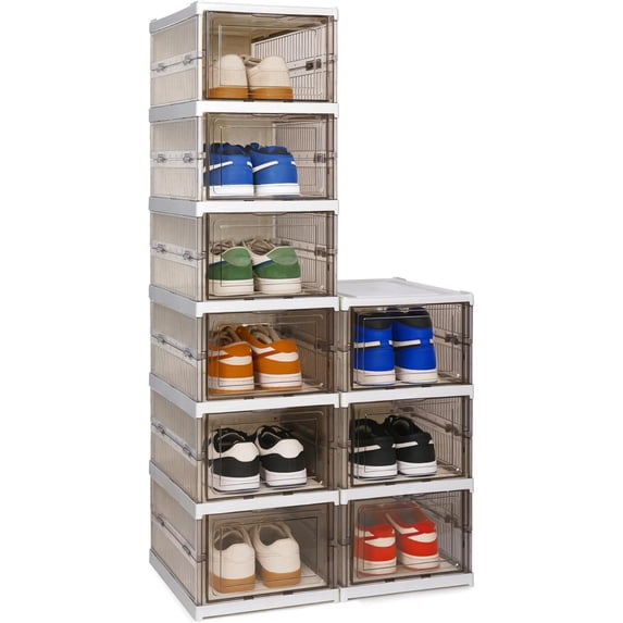 Drop Front Shoe Storage Box, No Assembly Stackable Shoe Organizer Storage Bin with Clear Door, Free Standing Shoe Shelf Cabinet with Lid, Foldable Shoe Rack for Closet Entryway (grey, 6-Tier)