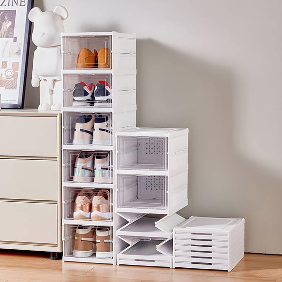 Drop Front Stackable Shoe Storage Box with Clear Door and Lid 6-Tier Plastic Shoe Organizer