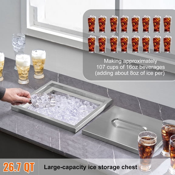 Drop in Ice Chest,14"Lx12"Wx18"H Stainless Steel Ice Cooler,Commercial Ice Bin with Cover,40 qt Outdoor Kitchen Ice Bar,Drain-pipe&Drain Plug Included,for Cold Wine Beer