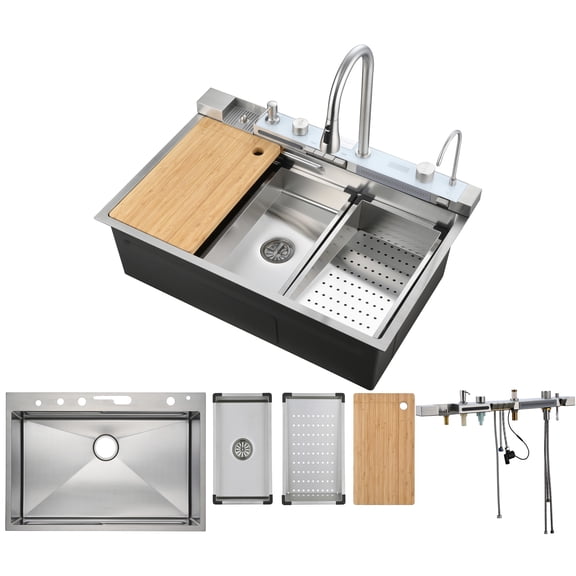 Drop In Kitchen Sink 33 Inch Single Bowl, Top Mount Stainless Steel Kitchen Sink, Deep Rust Resistant Kitchen Sink with Noise Reduction