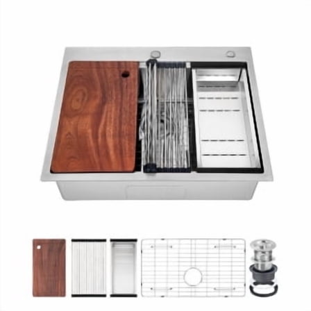 Drop In Kitchen Sink,Workstation 16 Gauge Stainless Steel Top Mount Deep Single Bowl Over Counter Sinks Basin with Faucet for Bar,Home,Restaurant