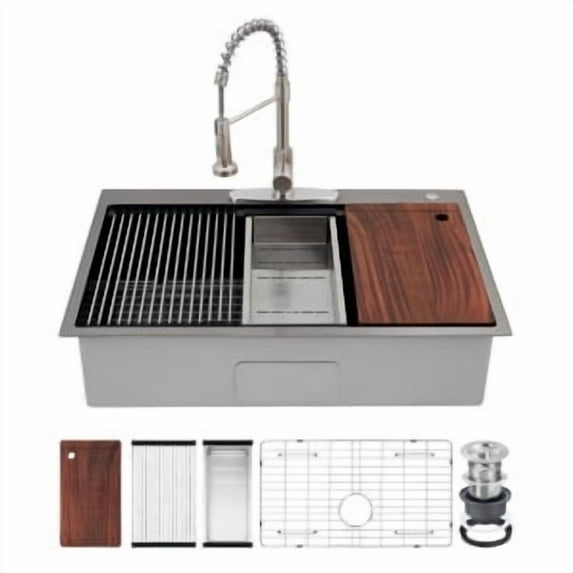 Drop In Kitchen Sink,Workstation 16 Gauge Stainless Steel Top Mount Deep Single Bowl Over Counter Sinks Basin with Faucet for Bar,Home,Restaurant