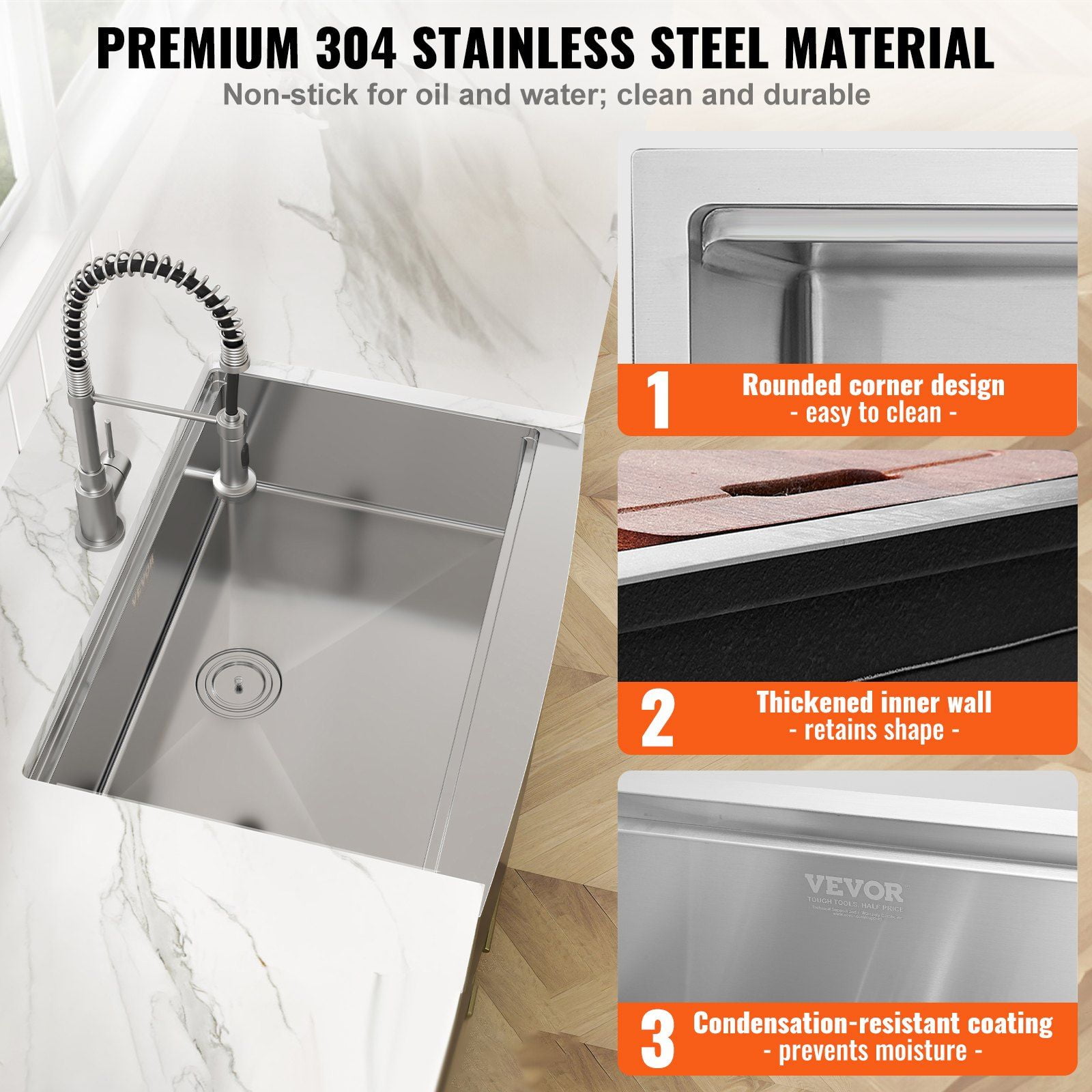 Workstation Prep Kitchen Sink, 30-inch Single Bowl 304 Stainless Steel Drop-In Farm Sink with Ledge & Accessories, for Household Dishwasher and Bar