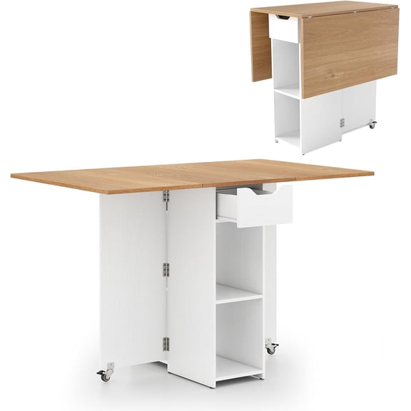 Drop Leaf Dining Table for 2-4, Folding Kitchen Table with Open Shelves & Drawer, Lockable Wheels, Space Saving Extendable Table for Dining Room, Living Room, Small Space, Natural & White
