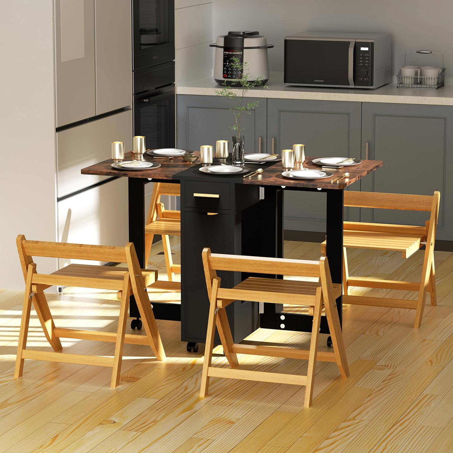 Drop Leaf Dining Table With 2 Chairs,Folding Dining Table Space Saving Dining Table With Storage ...