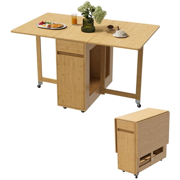Drop Leaf Folding Dining Table with Storage Cabinet & 6 Wheels – 55.2" Worktop, Drawer, 300 lb Capacity for Small Spaces, RV, Apartment