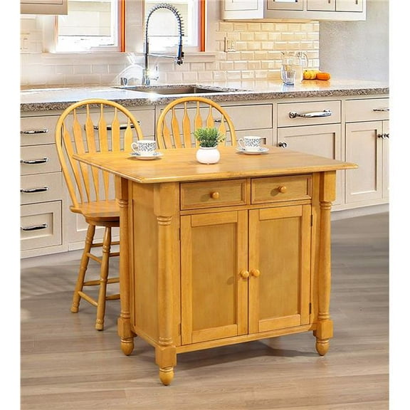 Drop Leaf Kitchen Island Set with 2 Swivel Stools Drawers & Storage - Light Oak 3 Piece