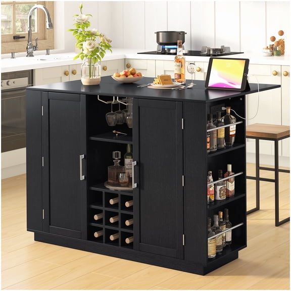 Drop Leaf Kitchen Island with Electrical Outlet & Bar Cabinet - 47.2 Inch Black MDF Buffet with Wine Rack and Side Storage
