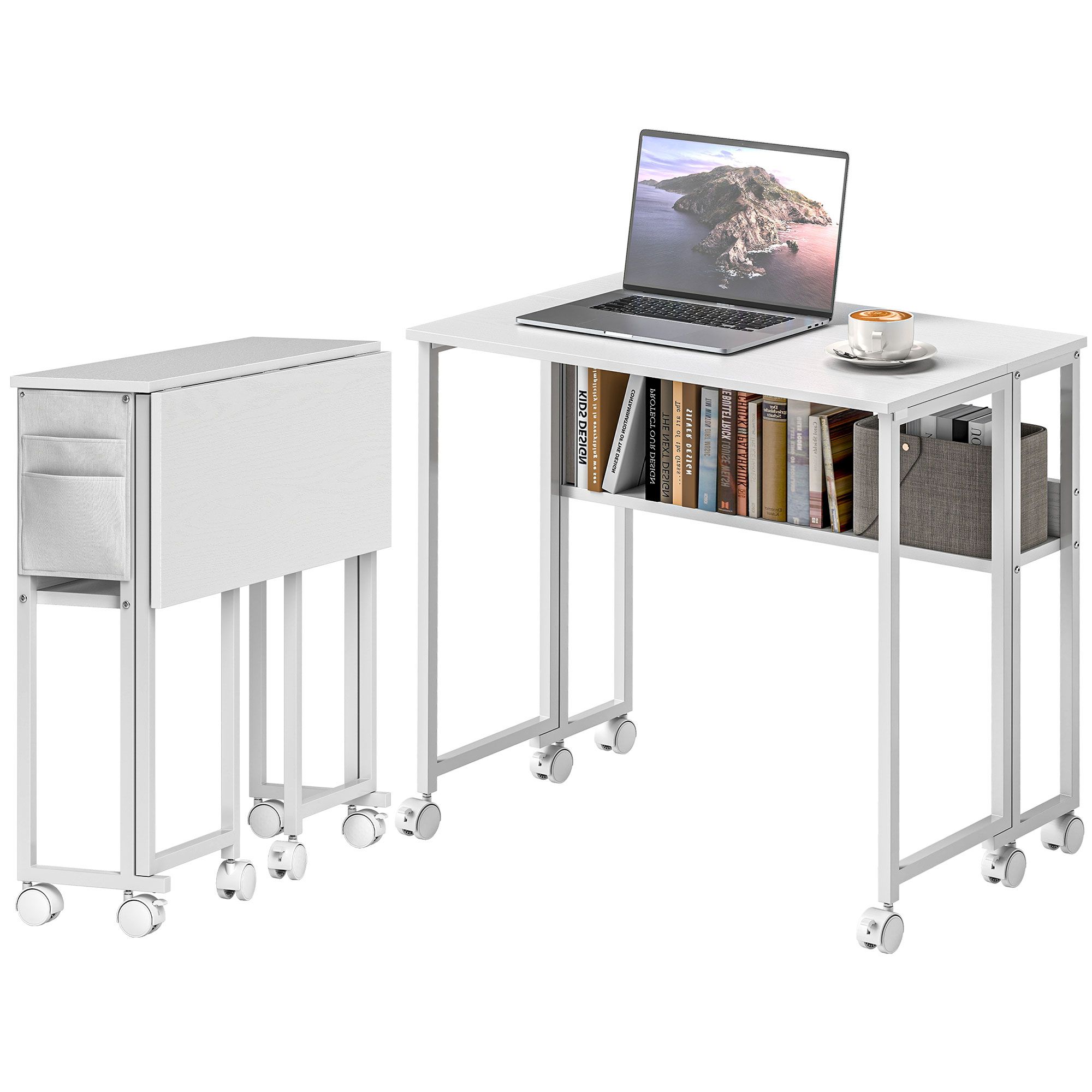 Drop Leaf Rolling Computer Desk, Foldable Depth 19.7" to 8.3" Mobile Writing Table with Open Shelf & Side Storage Bag, 6 Swivel Casters 110lbs Capacity for Small Spaces