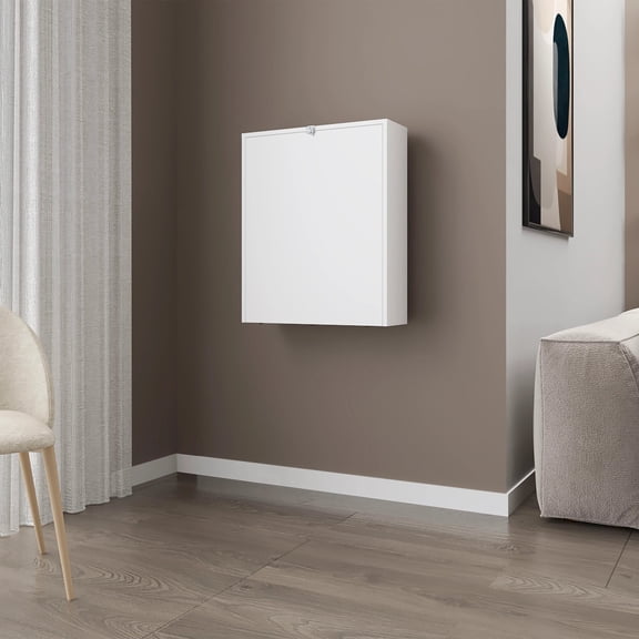 Drop-Leaf Side Table with 4 Storage Shelves, White Particle Board Wall-Mounted Expandable Table for Living Room, Rectangular Space-Saving Design, 54.8"H x 23.7"W x 33.3"D