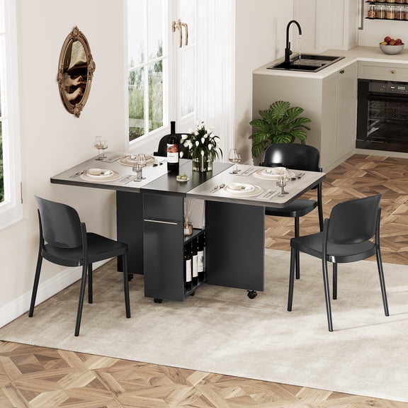 Drop Leaf Table for Small Spaces, Movable & Foldable Dining Table with 2-Tier Storage Shelf, Extendable Dining Table for 4, Ideal for Kitchen Dining Room Apartment (Only Table)