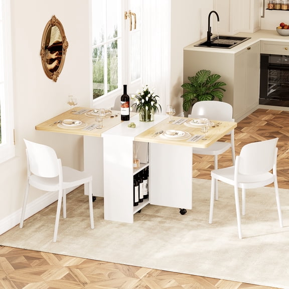 Drop Leaf Table for Small Spaces, Movable & Foldable Dining Table with 2-Tier Storage Shelf, Extendable Dining Table for 4, Ideal for Kitchen Dining Room Apartment (Only Table)