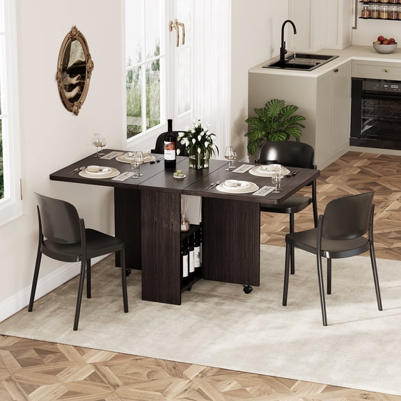 Drop Leaf Table for Small Spaces, Movable & Foldable Dining Table with 2-Tier Storage Shelf, Extendable Dining Table for 4, Ideal for Kitchen Dining Room Apartment (Only Table)