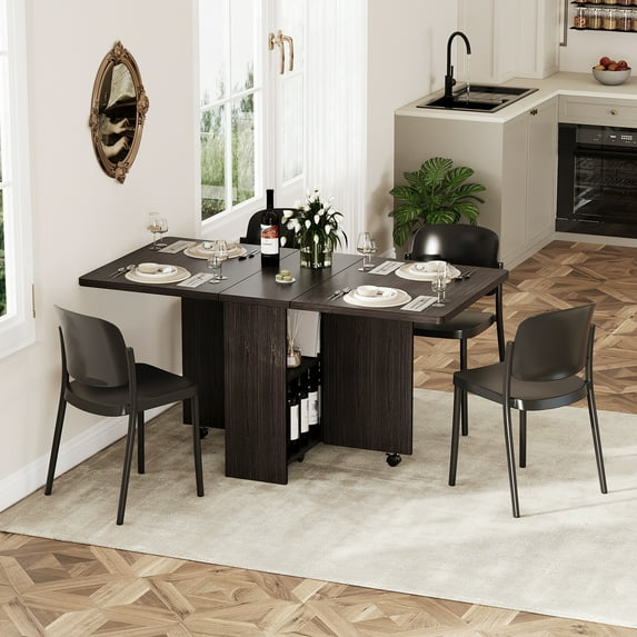 Drop Leaf Table for Small Spaces, Movable & Foldable Dining Table with 2-Tier Storage Shelf, Extendable Dining Table for 4, Ideal for Kitchen Dining Room Apartment (Only Table)