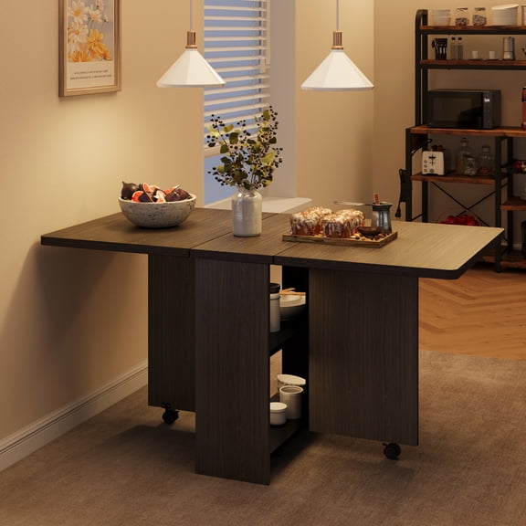 Drop Leaf Table for Small Spaces, Movable & Foldable Dining Table with 2-Tier Storage Shelf, Extendable Dining Table for 4, Ideal for Kitchen Dining Room Apartment