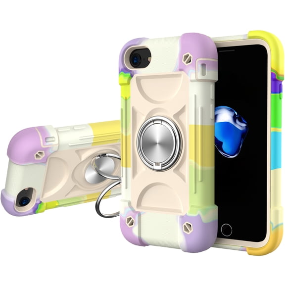 Drop Proof Case for iPhone 6 Plus/ iPhone 6S Plus (5.5"), Allytech 360°Metal Rotating Ring Holder Kickstand Built-in Magnetic Car Mount Heavy Duty Hard PC Soft Silicone Shockproof Case, Rainbow White