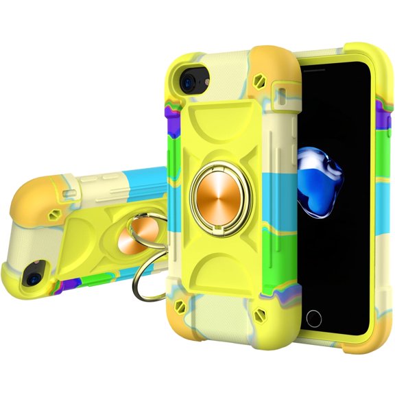 Drop Proof Case for iPhone 8 Plus/ iPhone 7 Plus (5.5"),  360°Metal Rotating Ring Holder Kickstand Built-in Magnetic Car Mount Heavy Duty Hard PC Soft Silicone Shockproof Case, Rainbow Green