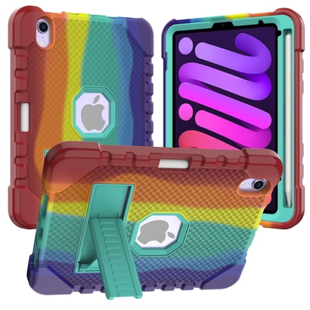 TECH CIRCLE Shockproof Case for iPad Mini 8.3" (A17 Pro) and iPad Mini 6 8.3" (6th Gen), 3-Layer Rugged Case with Kickstand, Pencil Holder, Drop Protection, Impact Resistant (C Rainbow Orange)