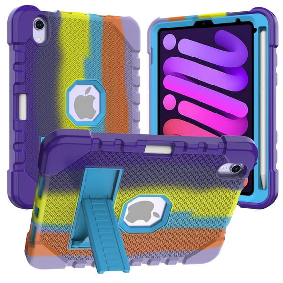 Drop Proof Rugged Case for 2021 Apple iPad Mini 8.3-Inch (6th Generation 2021 Release) - Silicone/Plastic Composite Case Lightweight Shockproof Hard Cover Protective Stand Case (D Rainbow Blue)