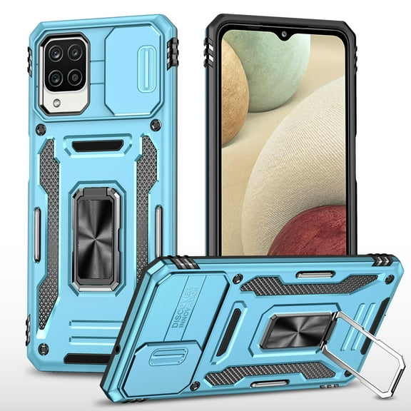 Drop Resistant Armor Case for Samsung Galaxy A12 6.5 Inch with Camera Slide Design Adjustable Ring Kickstand Phone Cover for Samsung Galaxy A12,Lightblue