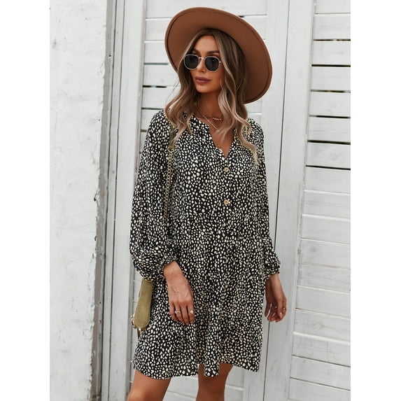 Drop Shoulder Button Down Detail Bishop Sleeve Cheetah Print Dress