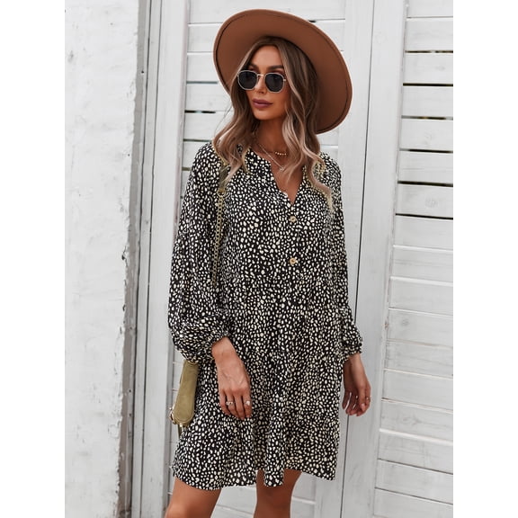 Drop Shoulder Button Down Detail Bishop Sleeve Cheetah Print Dress
